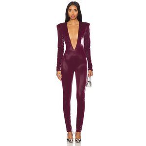 LaQuan Smith Long Sleeve Plunging Jumpsuit in Oxblood